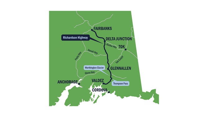 Map showing the route of Richardson Highway in dark blue.